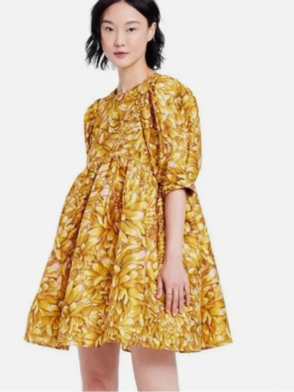 Kika Vargas Yellow Floral Puff-Sleeve Mini Dress